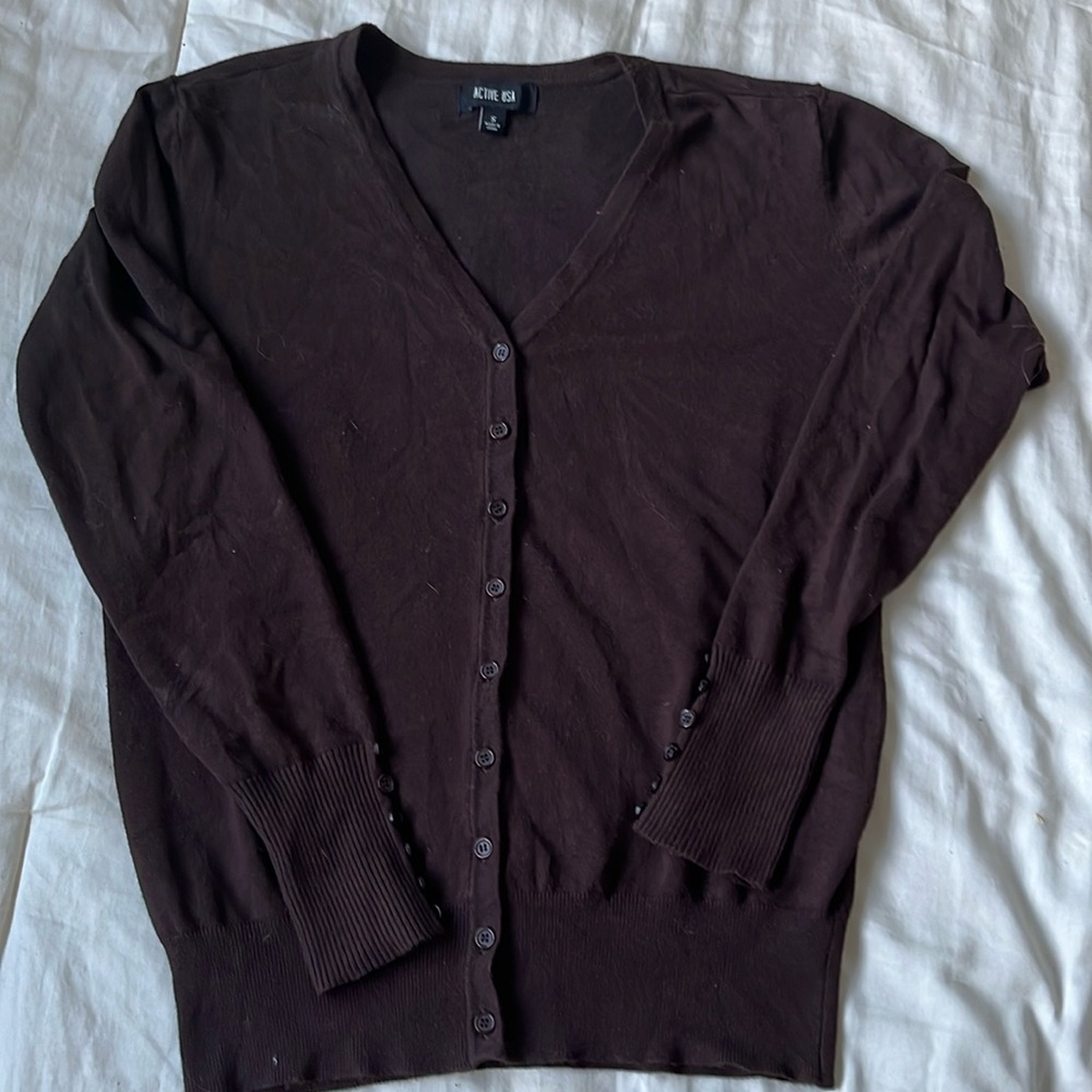 ACTIVE USA DARK BROWN V-NECK LONG SLEEVE CARDIGAN SIZE S
